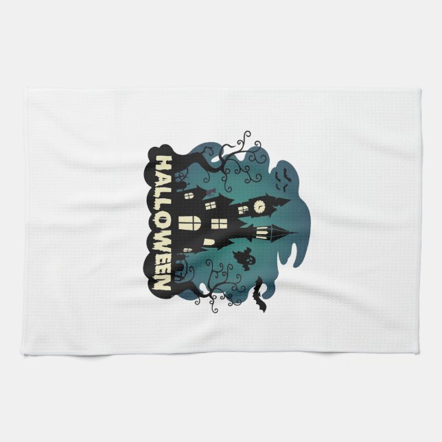 Halloween Haunted House Clock Tower Bats Ghost_1 Tea Towel (Horizontal)