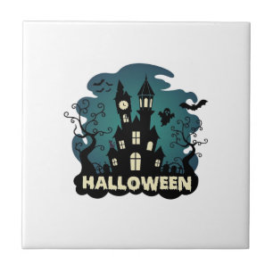 Halloween Haunted House Clock Tower Bats Ghost_1 Tile