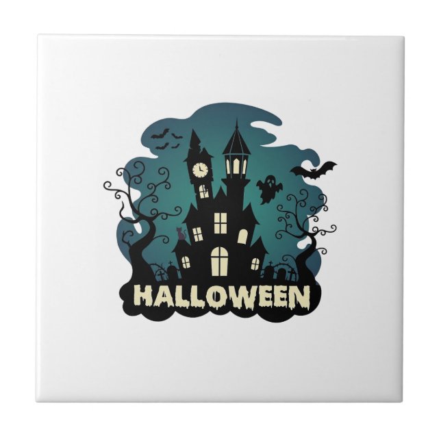 Halloween Haunted House Clock Tower Bats Ghost_1 Tile (Front)