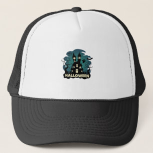 Halloween Haunted House Clock Tower Bats Ghost_1 Trucker Hat