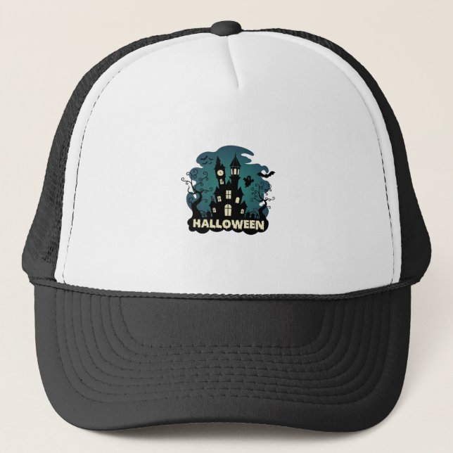 Halloween Haunted House Clock Tower Bats Ghost_1 Trucker Hat (Front)