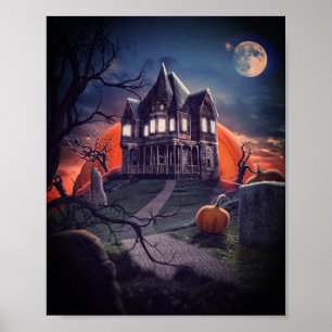 Halloween haunted house graveyard poster