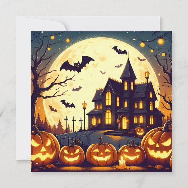 Halloween haunted house holiday card (Front)