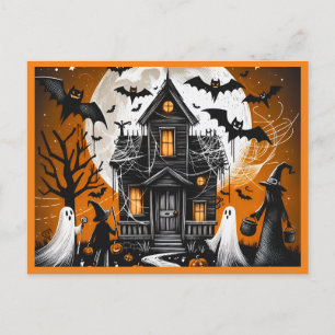 Halloween haunted house holiday postcard