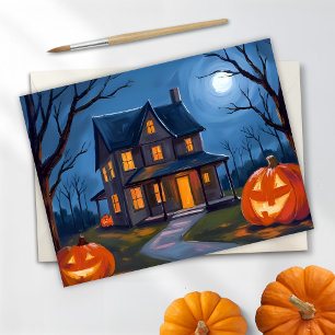 Halloween Haunted House Jack-O-Lanterns Watercolor Holiday Postcard