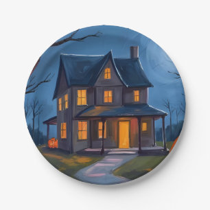 Halloween Haunted House Jack-O-Lanterns Watercolor Paper Plate