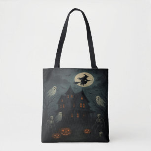 Halloween Haunted House Motif Tote Bag