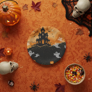 Halloween Haunted House Orange Gold Glitter Paper Plate