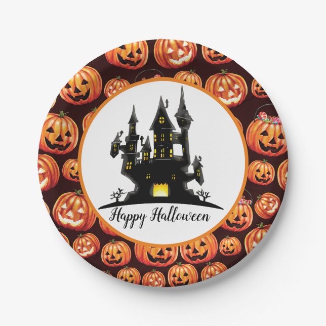 Halloween Haunted House Paper Plate (Front)