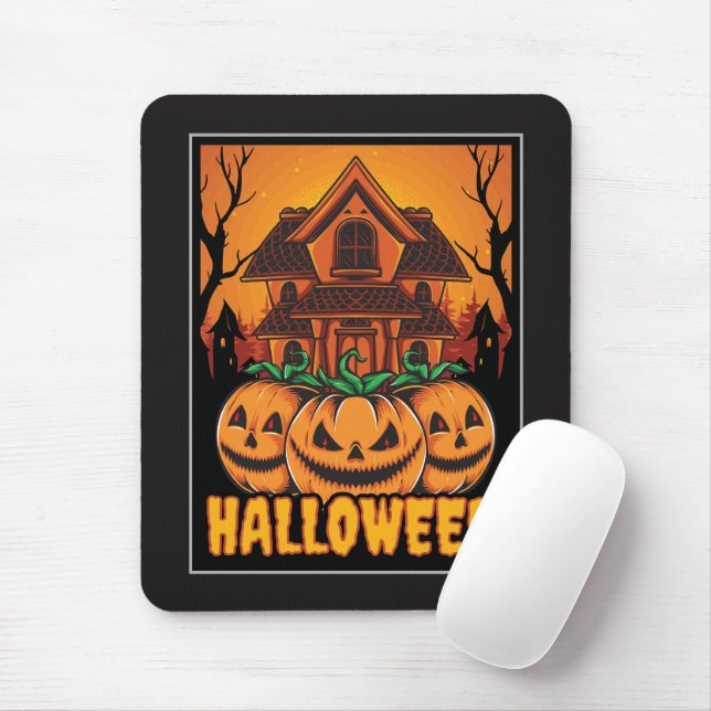 Halloween Haunted House Pumpkin Illustration Mouse Mat (With Mouse)