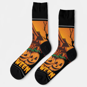 Halloween Haunted House Pumpkin Illustration Socks