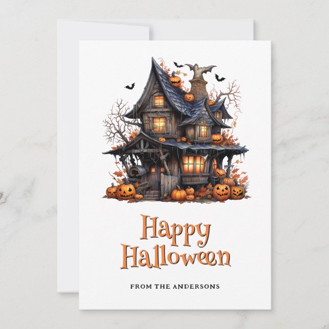 Halloween Haunted House Pumpkins Bats Ghost Holiday Card (Front)