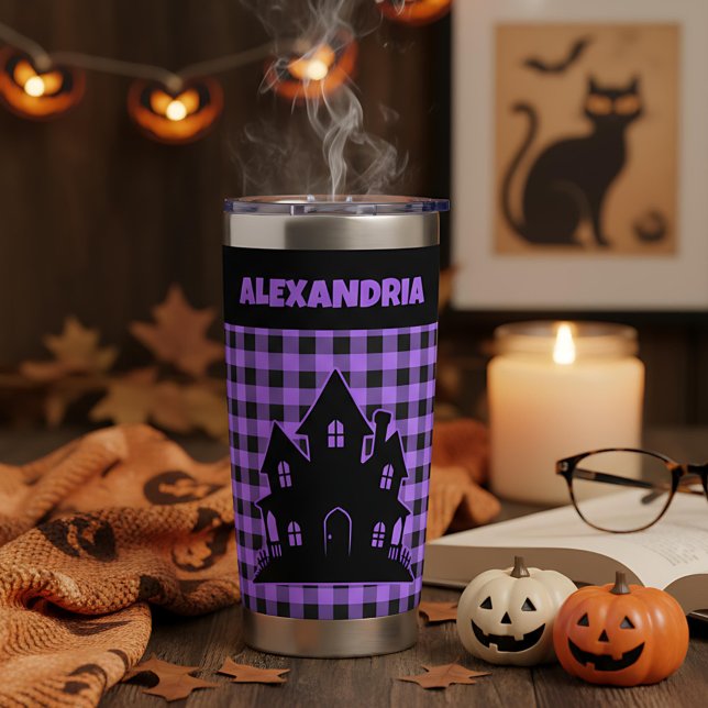 Halloween Haunted House Purple & Black Plaid Name Insulated Tumbler (Creator Uploaded)