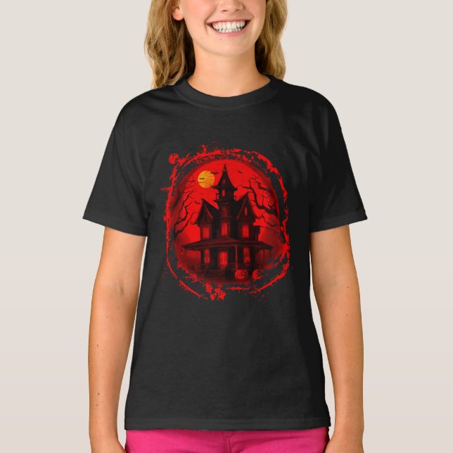 HALLOWEEN HAUNTED HOUSE RED BLACK SILHOUETTE T-Shirt (Front)