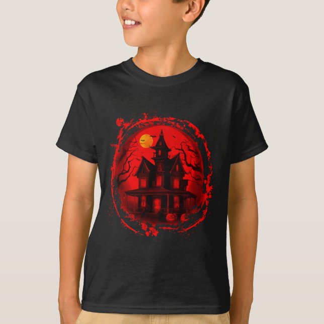 HALLOWEEN HAUNTED HOUSE RED BLACK SILHOUETTE T-Shirt (Front)