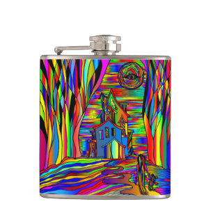 Halloween Haunted House Scary Abstract Colourful Hip Flask