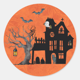 Halloween Haunted House Scene  Classic Round Sticker