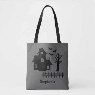 Halloween Haunted House Silhouette And Custom Name Tote Bag