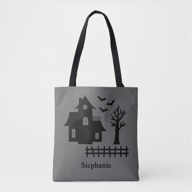 Halloween Haunted House Silhouette And Custom Name Tote Bag (Front)