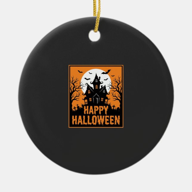 Halloween Haunted House Silhouette Vector Design_1 Ceramic Tree Decoration (Front)