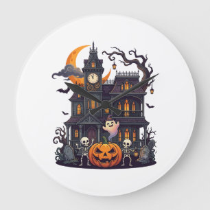 Halloween Haunted House Skeletons Pumpkin Ghost Cr Large Clock