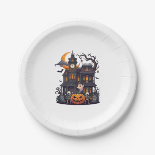 Halloween Haunted House Skeletons Pumpkin Ghost Cr Paper Plate