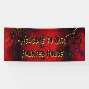 Halloween Haunted House Spiders Bats Blood Red Banner