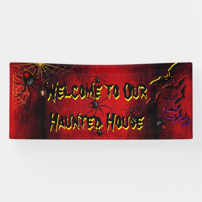 Halloween Haunted House Spiders Bats Blood Red Banner (Horizontal)