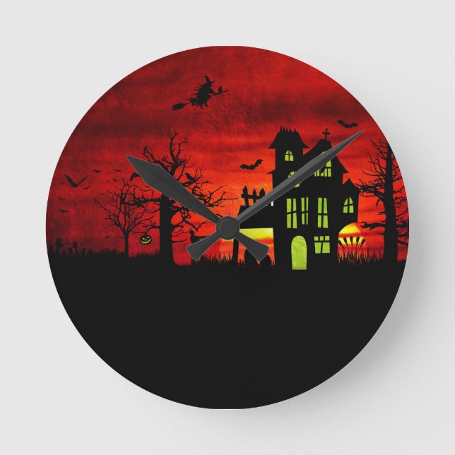 Halloween Haunted House Spooky Scary Witch Round Clock (Front)