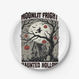 Halloween Haunted House Vintage Engraving Moon Shi Paper Plate