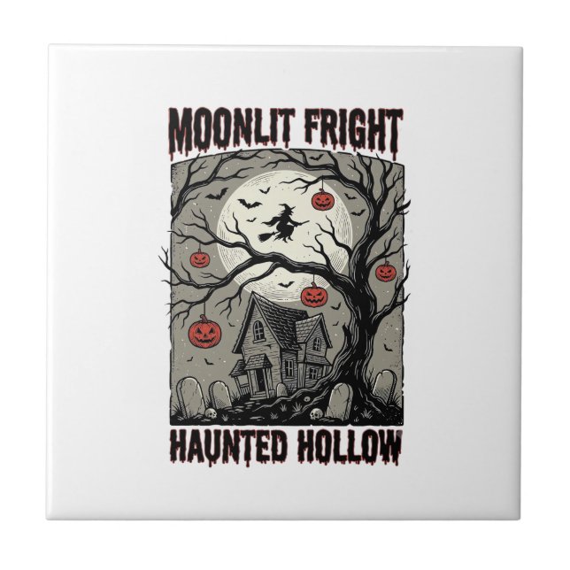 Halloween Haunted House Vintage Engraving Moon Shi Tile (Front)