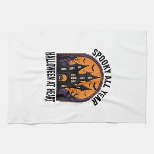 Halloween Haunted House Vintage Engraving Spooky A Tea Towel