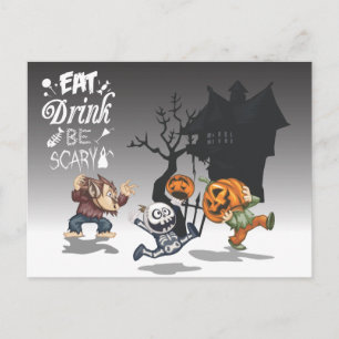 Halloween Haunted House Werewolf Skeleton Pumpkin Postcard