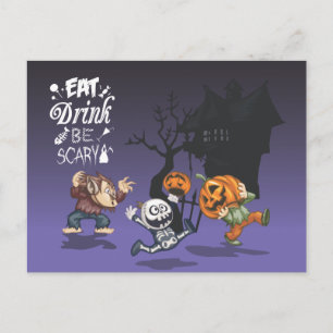 Halloween Haunted House Werewolf Skeleton Pumpkin Postcard