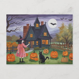 Halloween Haunted House Witch Postcard