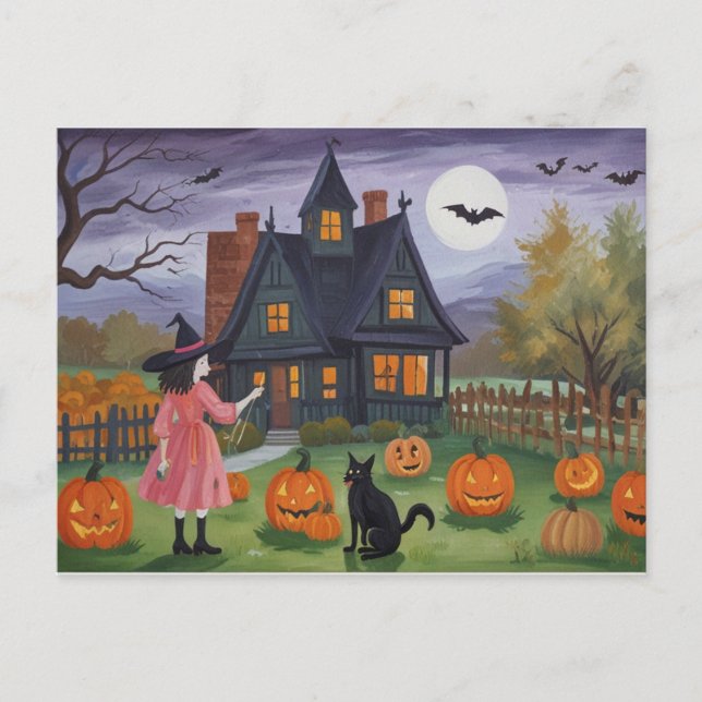 Halloween Haunted House Witch Postcard (Front)