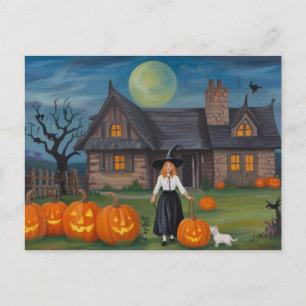 Halloween Haunted House Witch Postcard