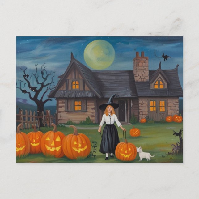 Halloween Haunted House Witch Postcard (Front)