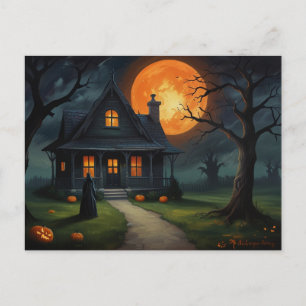 Halloween Haunted House Witch Postcard