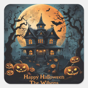Halloween Haunted House with Creepy Pumpkins Square Sticker