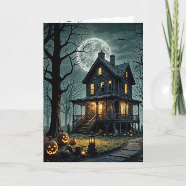 Halloween Haunted House With Jack-o-lanterns Card (Front)