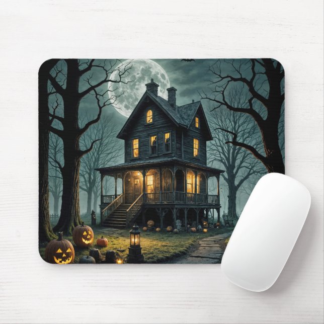 Halloween Haunted House With Jack-o-lanterns Mouse Mat (With Mouse)