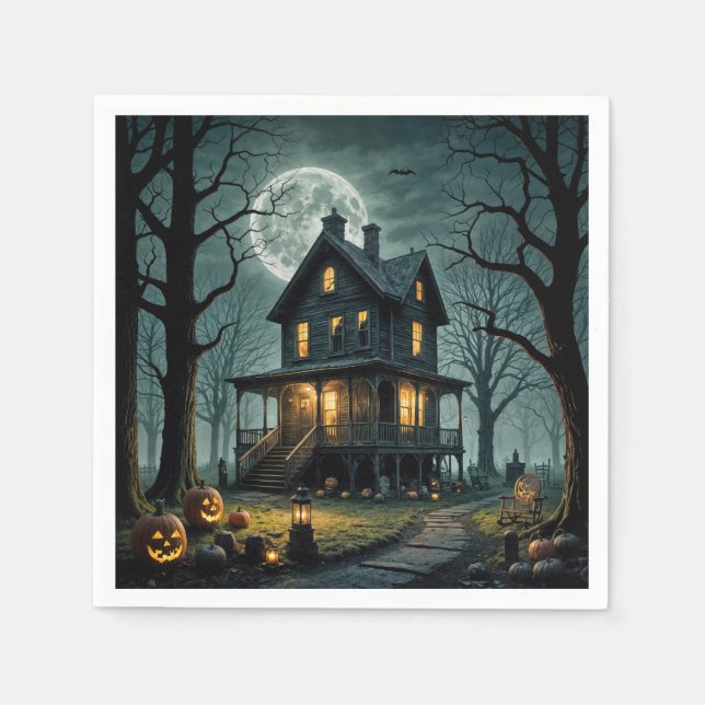 Halloween Haunted House With Jack-o-lanterns Napkin (Front)