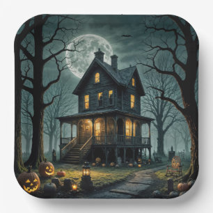 Halloween Haunted House With Jack-o-lanterns Paper Plate