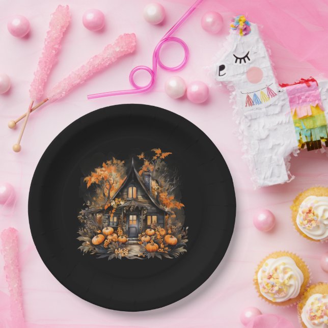 Halloween Haunted House with Pumpkins Black Paper Plate (Party)