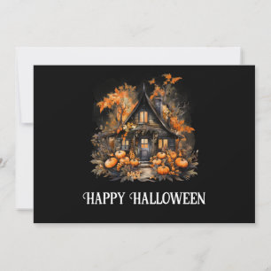 Halloween Haunted House with Pumpkins & Foliage Holiday Card