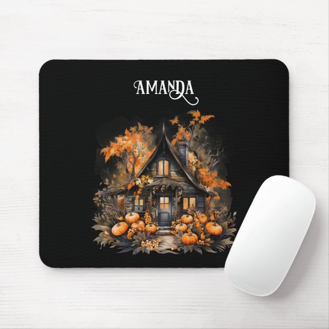 Halloween Haunted House with Pumpkins & Foliage Mouse Mat (With Mouse)