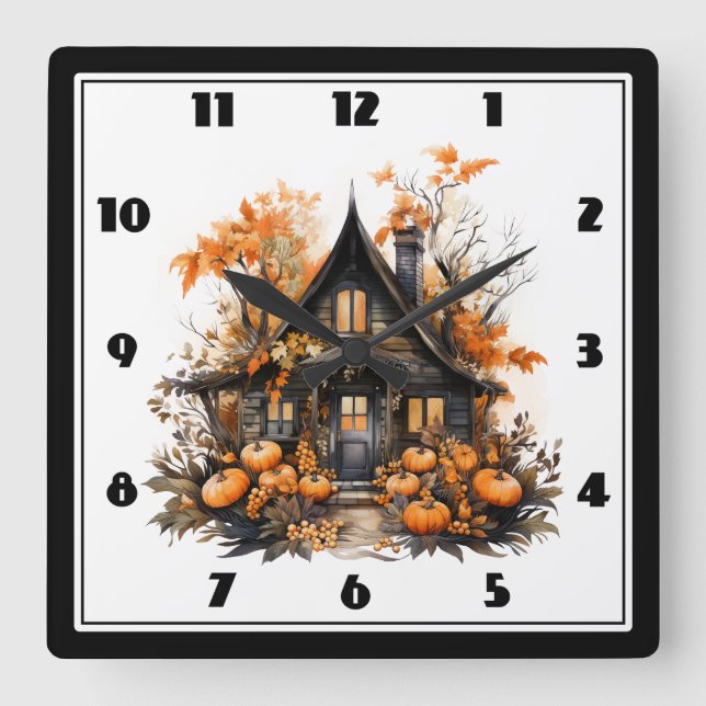 Halloween Haunted House with Pumpkins & Foliage Square Wall Clock (Front)