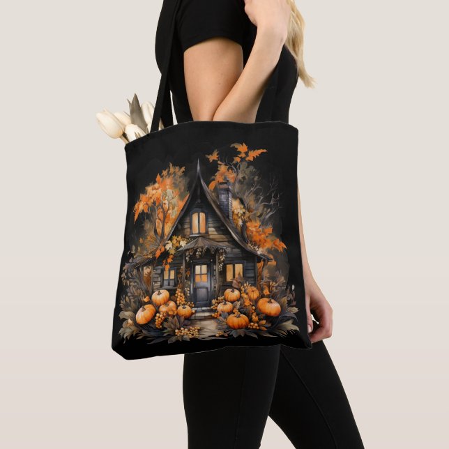 Halloween Haunted House with Pumpkins & Foliage Tote Bag (Close Up)