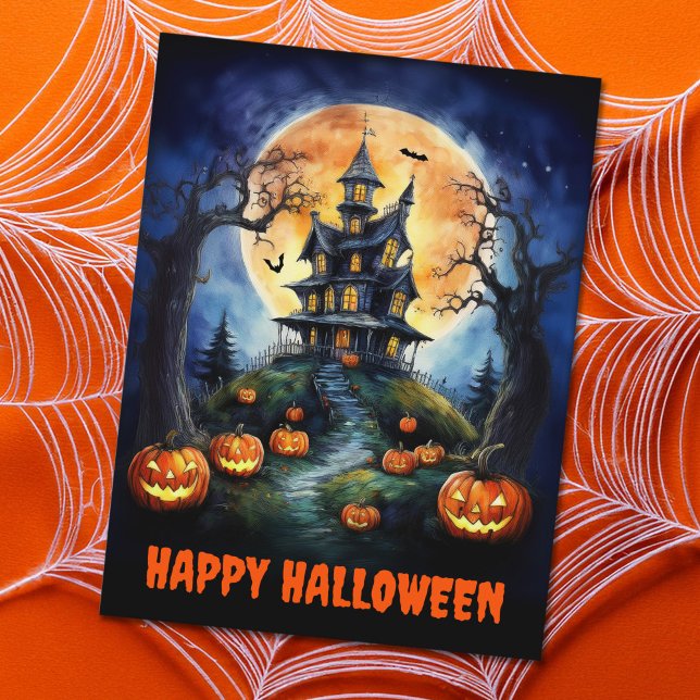 Halloween Haunted House with Pumpkins Holiday Postcard (Creator Uploaded)